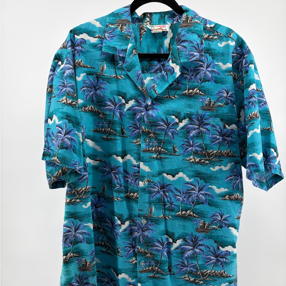 Vintage Evergreen Island Hawaiian Palm Tree Pattern Made in Hawaii Men XL S055‎